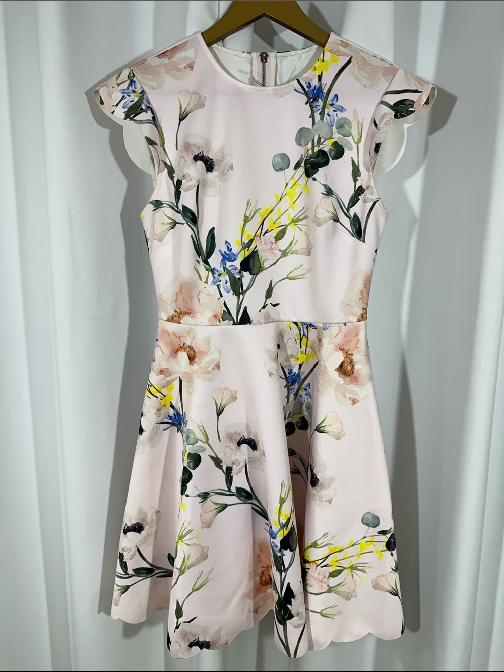 Ted Baker London Pink Floral Fit Flare Dress Size 1 (US 4) Flutter Sleeve